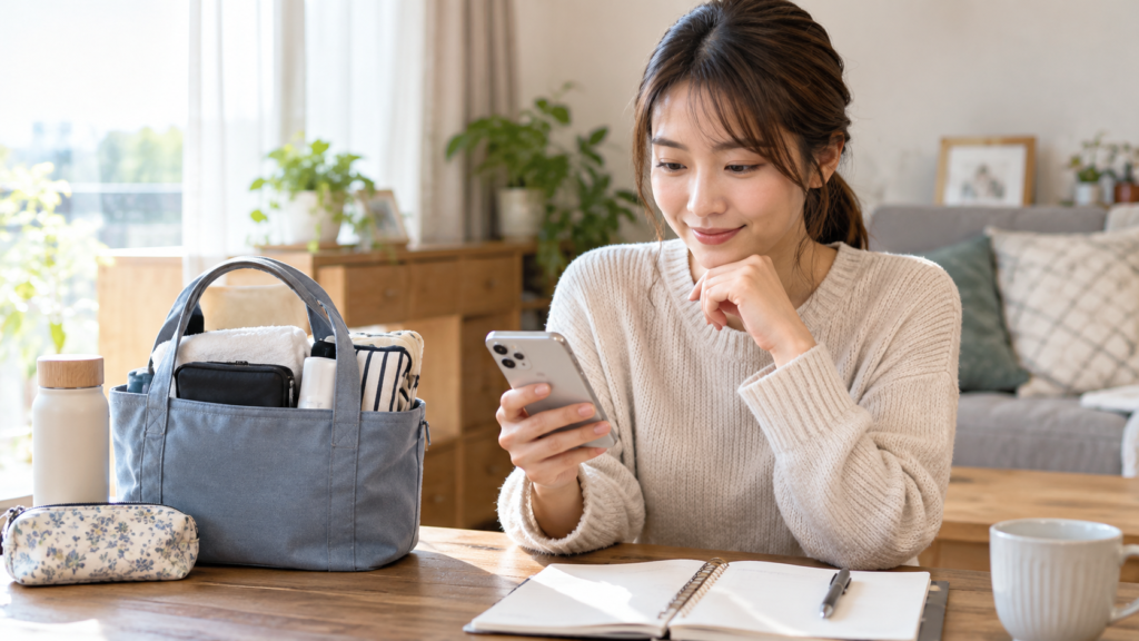 宿泊用バッグと手帳のそばで訪問予定を確認する人