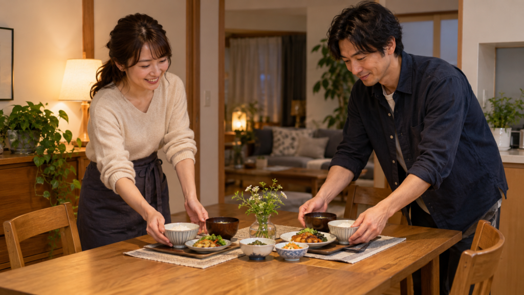 友人宅の食卓で夕食の準備を一緒にする二人