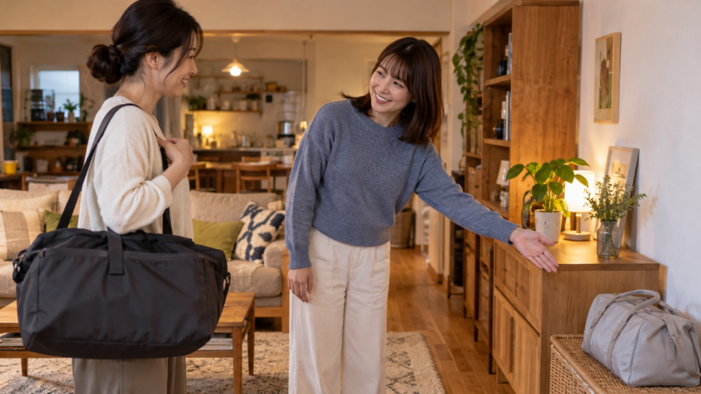 リビングで宿泊用の荷物を置く場所を案内する友人