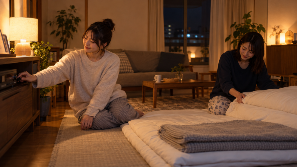 照明を落として寝る準備を相談する二人