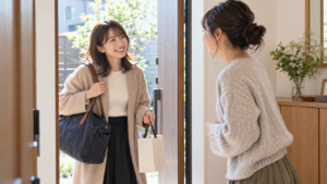 小さな宿泊用バッグを持って友人宅の玄関で挨拶する人