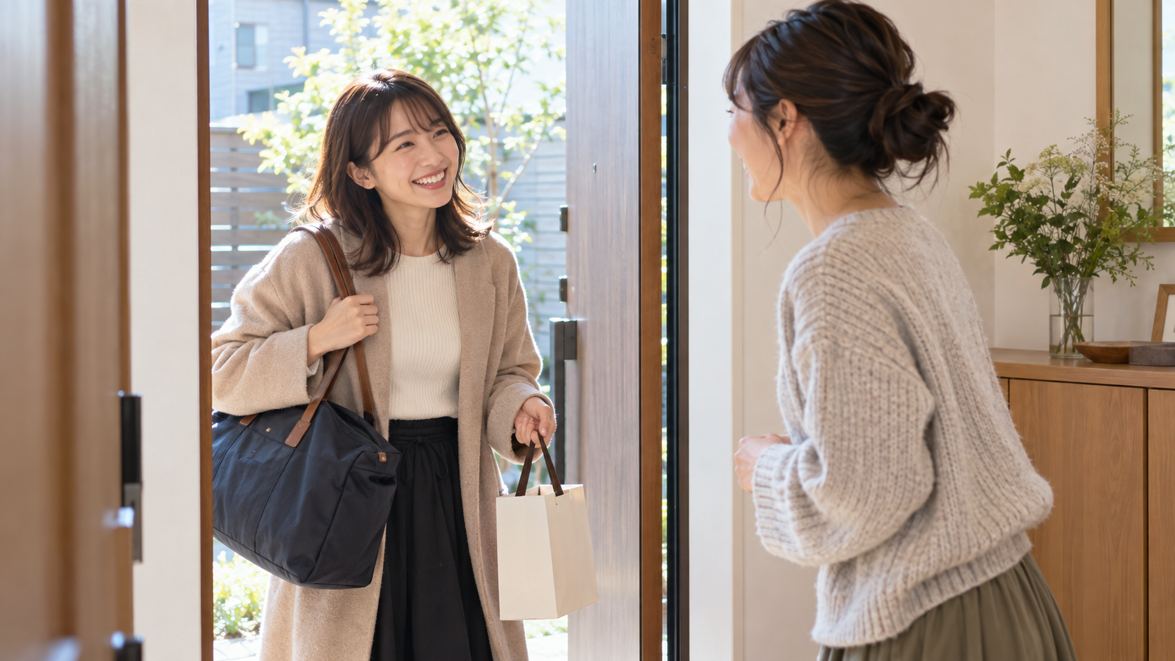 小さな宿泊用バッグを持って友人宅の玄関で挨拶する人