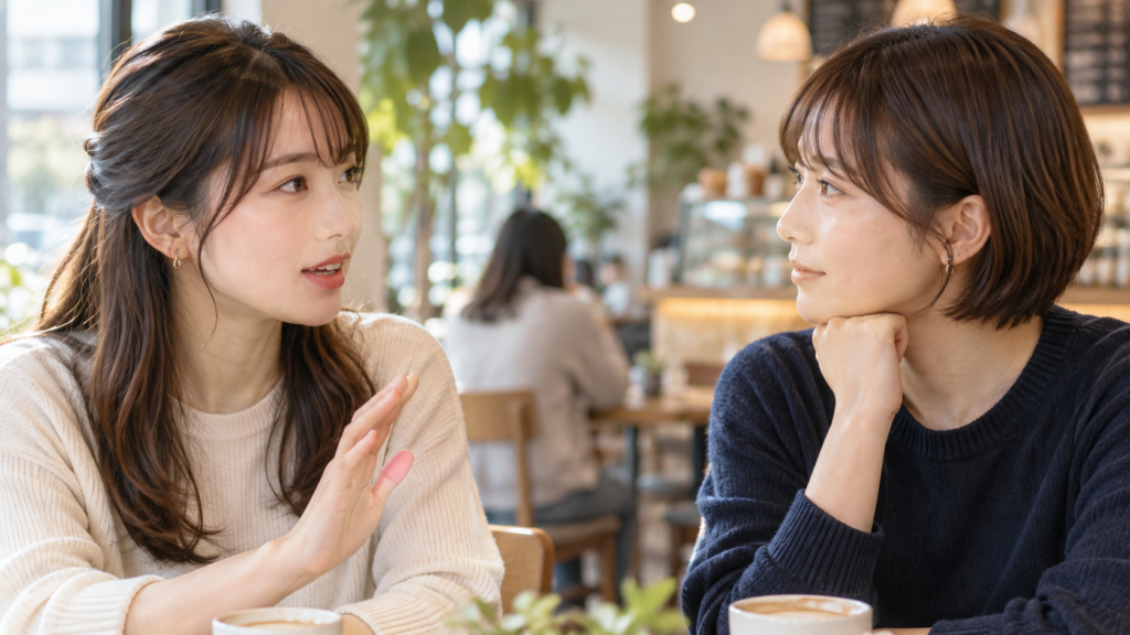 話し終わるまで待ってほしいと小さく手を上げる人と耳を傾ける友人