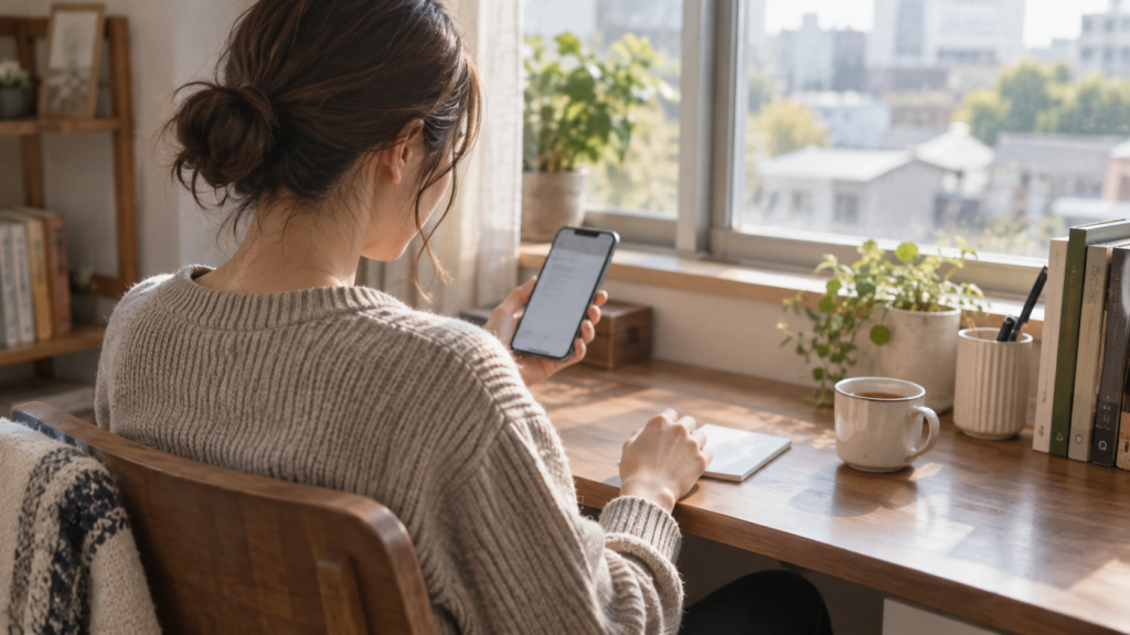 自宅でスマートフォンの文面を考えながら一息つく人