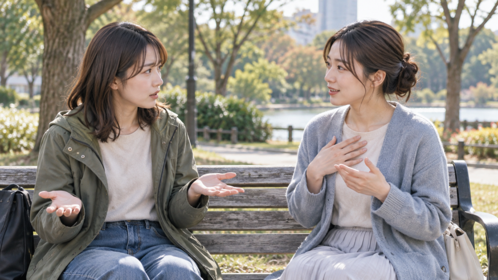 公園のベンチで友人の返答を聞きながら落ち着いて話す二人