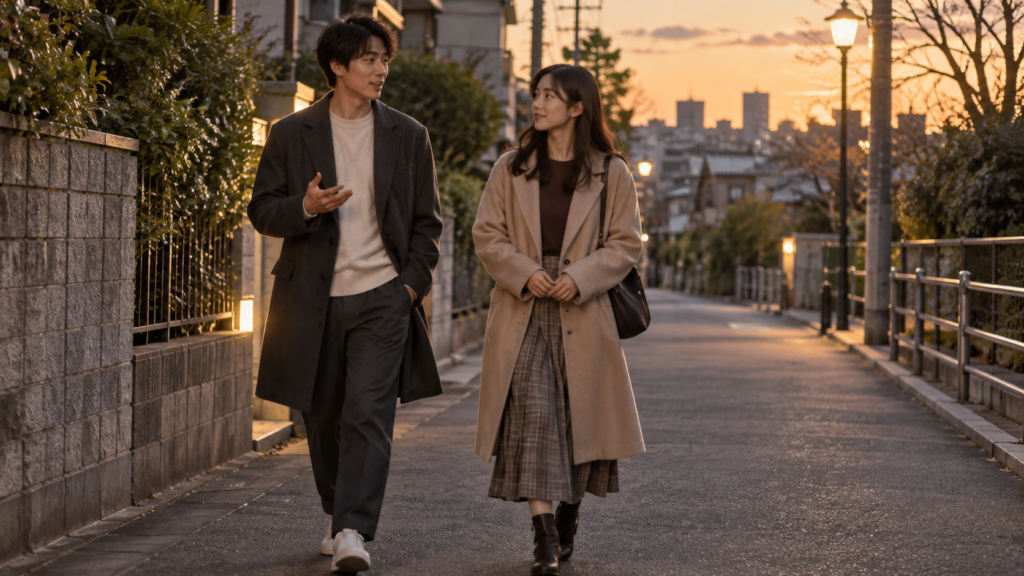 歩きながら片方ずつ話している二人の友人