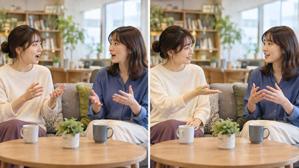 話が重なった後に友人へ話す順番を返す場面