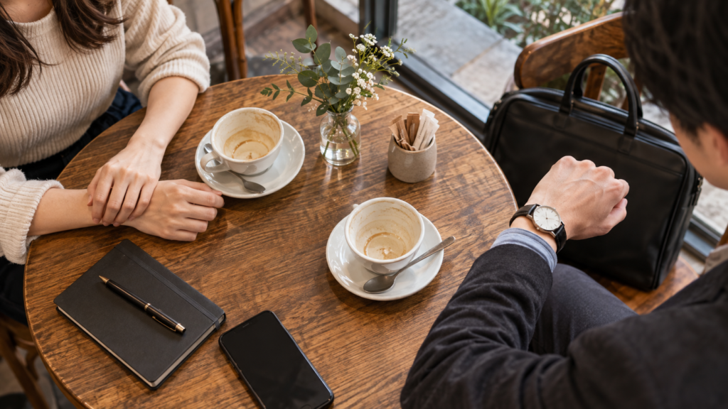 短いお茶の予定を終えようと時計を確認する人の手元