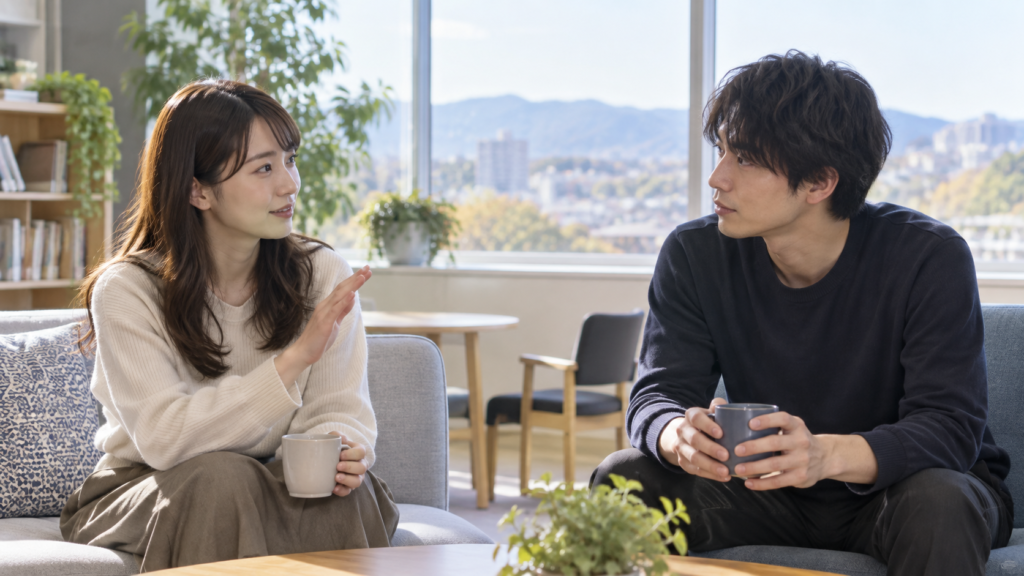 話の途中で待ってほしいと伝え、順番を戻そうとする二人の友人