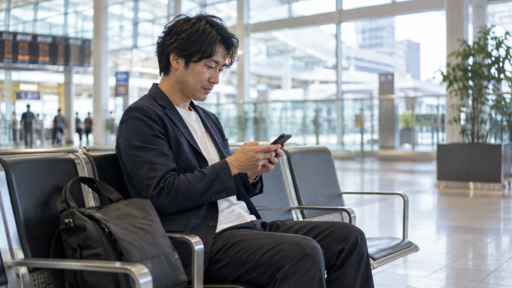駅の待合席で友達に到着予定を確認する男性