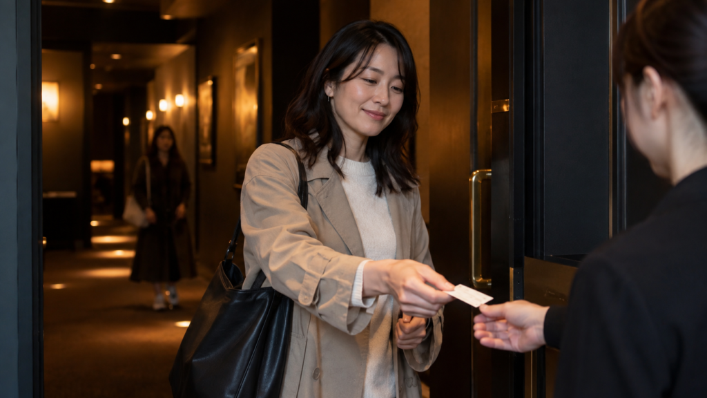 自分のチケットで先に映画館へ入場する女性