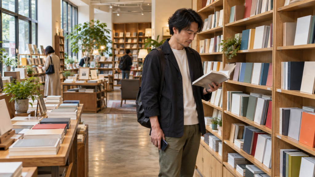 待ち合わせの間に書店で本を選ぶ男性