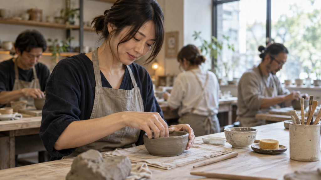 友達の到着に左右されず陶芸の作業を進める参加者