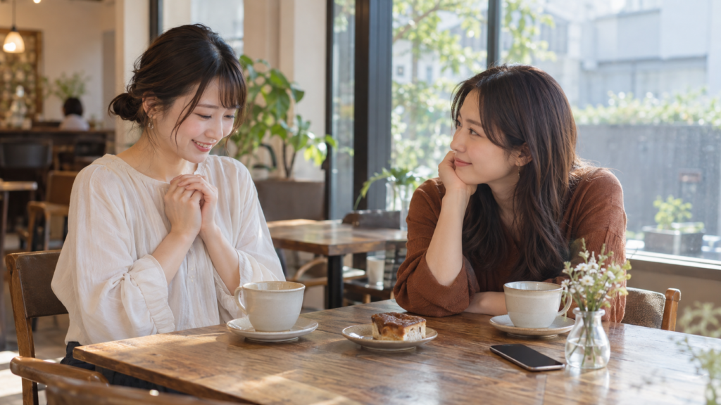 カフェで近況を話す友達と穏やかに聞く相手