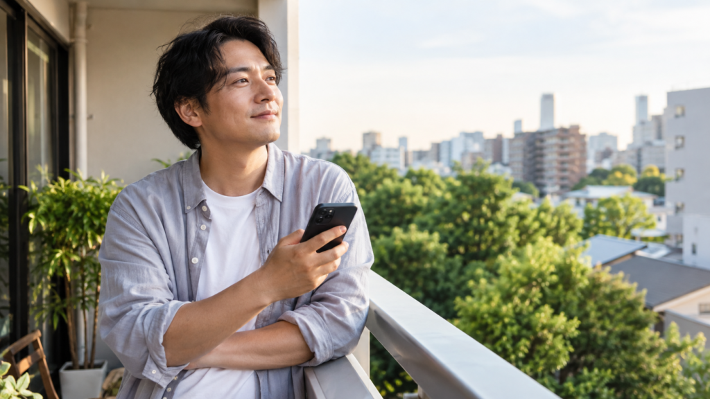ベランダでスマートフォンを手に連絡を考える人