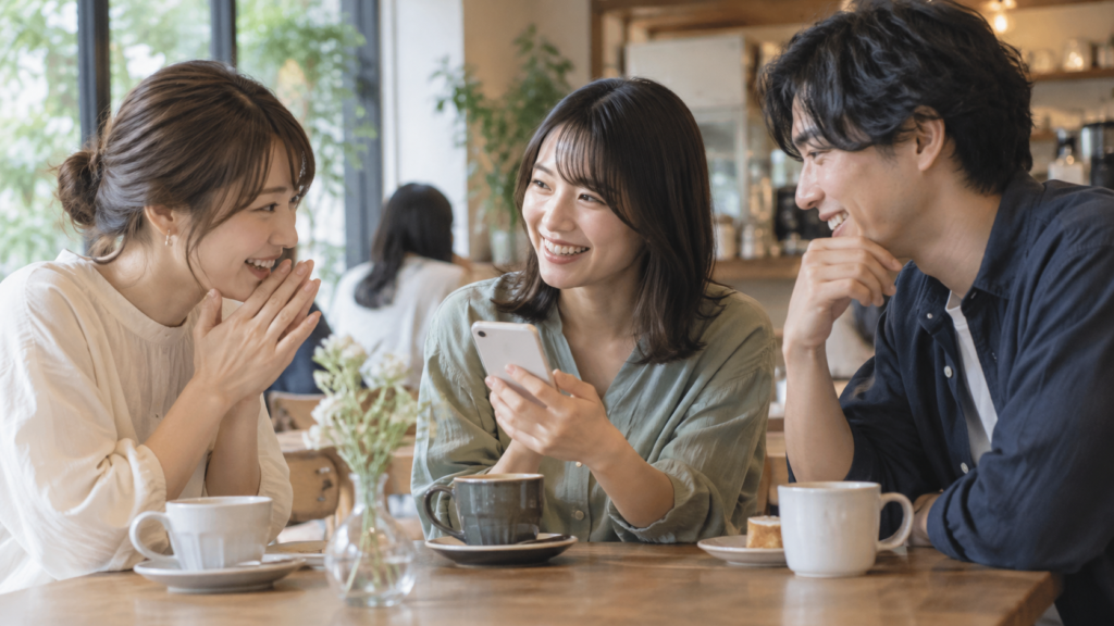 カフェでスマートフォンを囲んで会話する三人の友達