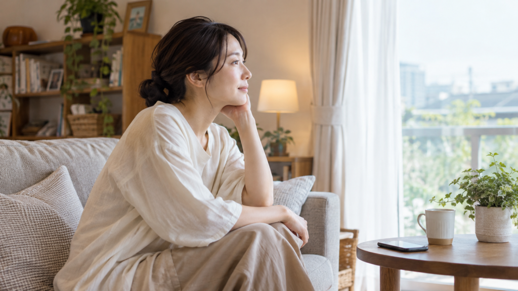 スマートフォンを置いて窓の外を眺める人