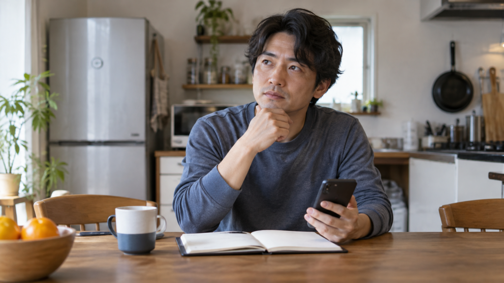 キッチンで予定帳とスマートフォンを確認する人