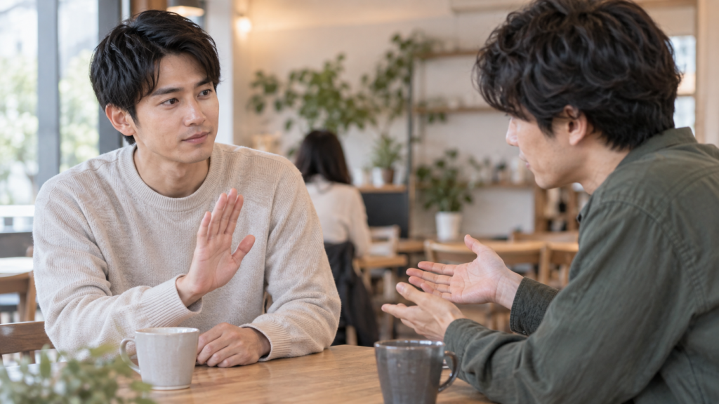 カフェで友達の話を聞きながら落ち着いて返事をする人