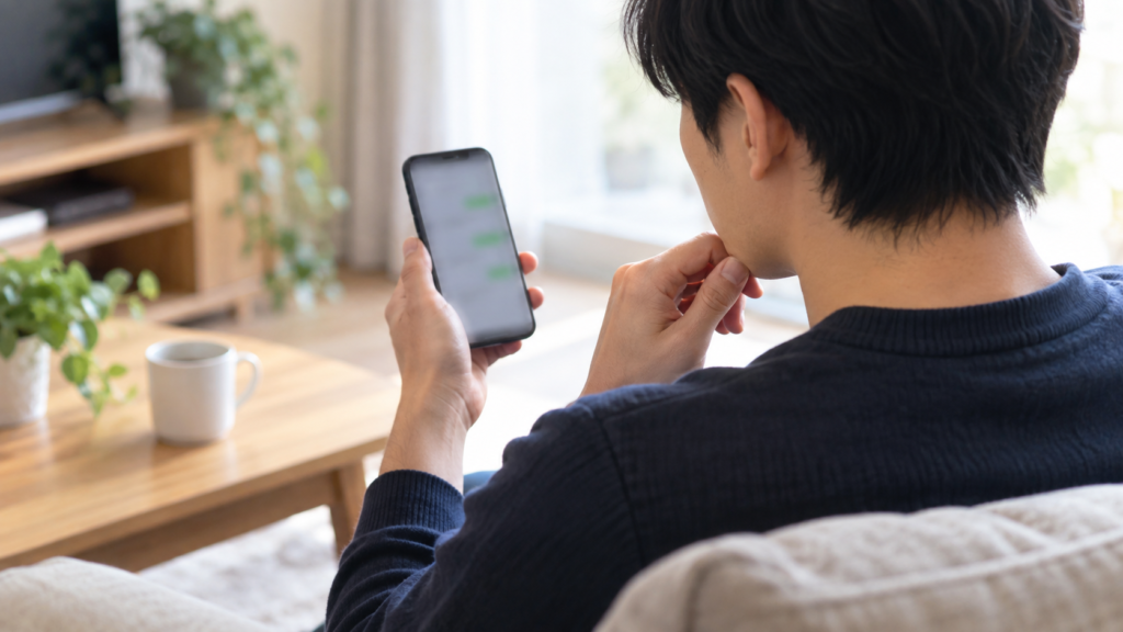 スマートフォンで友達への短い返答を考える人