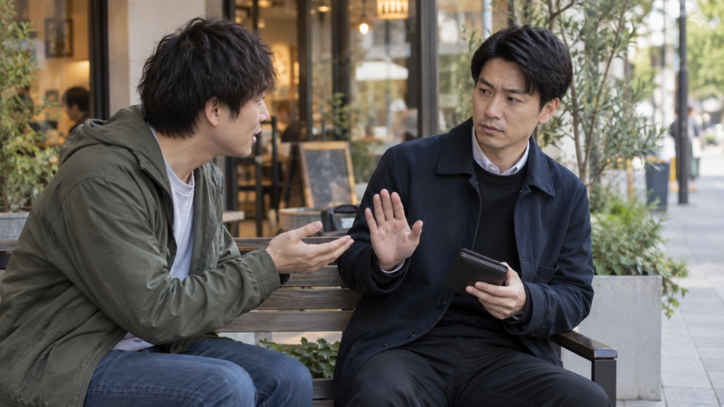 財布を閉じたまま友達と話す二人
