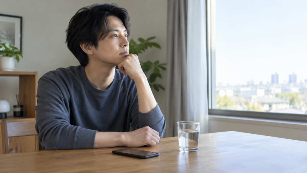 スマートフォンを置いて会話から一息離れる人