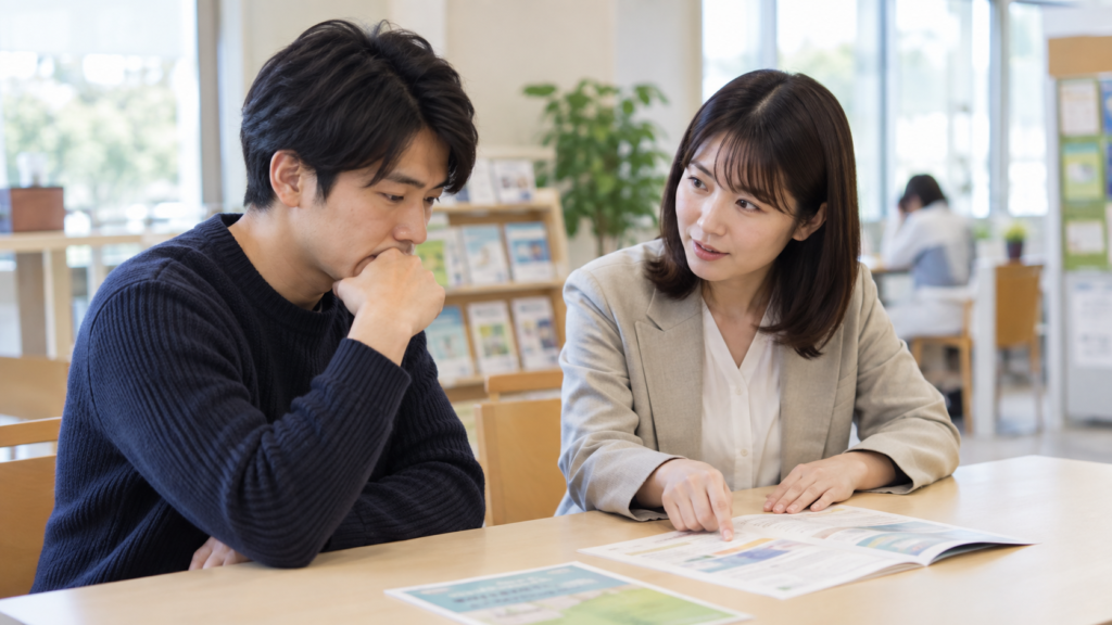 相談先の案内を一緒に確認する二人
