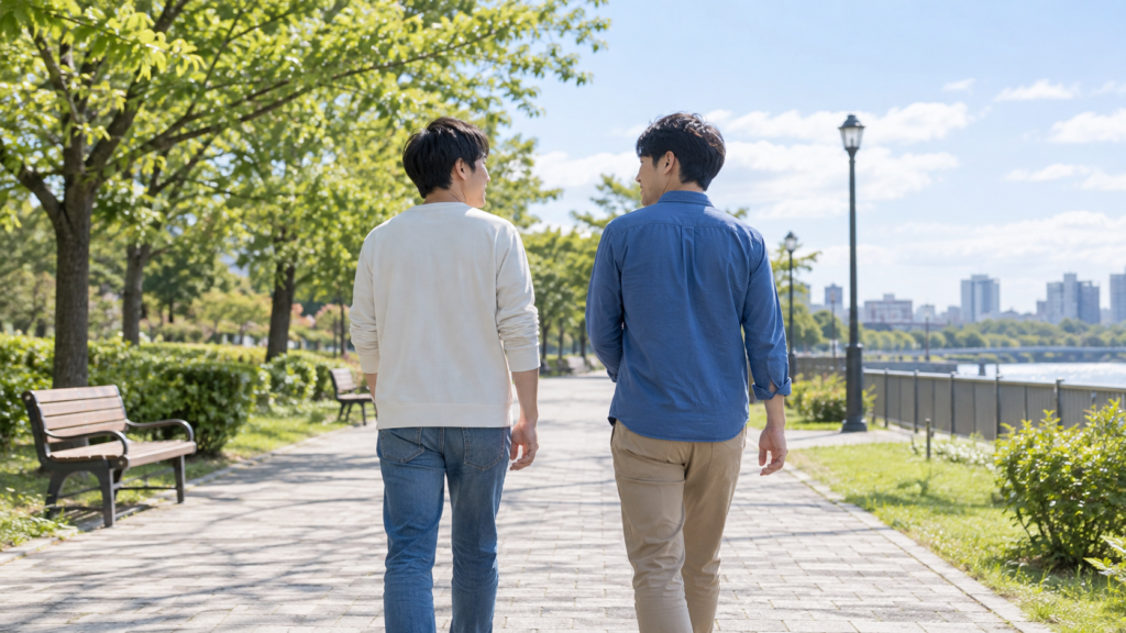信頼できる人と明るい場所を歩く二人
