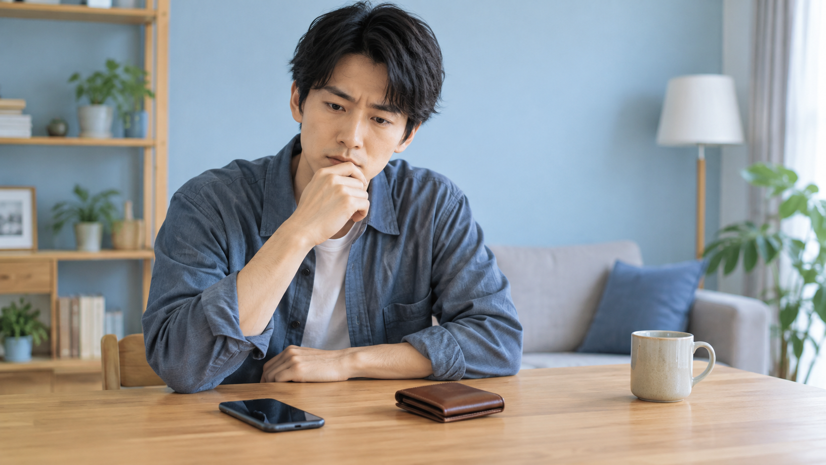 友達への返事を考えながらスマートフォンと財布を置く人