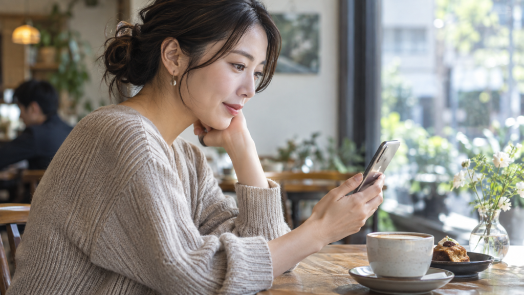 友達からの宿泊の誘いをスマートフォンで確認する人