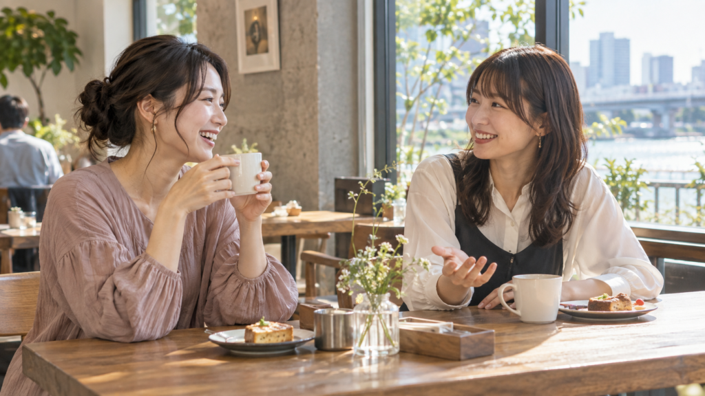 昼間のカフェで会話を楽しむ二人の友人