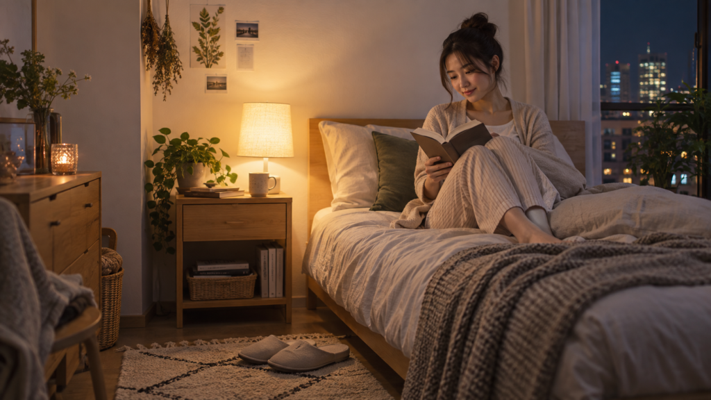 自宅で一人の夜を落ち着いて過ごす人