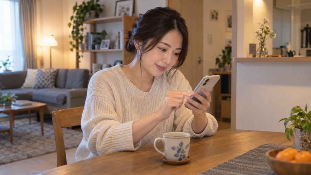 友達を泊める依頼への返事を自宅で考える人