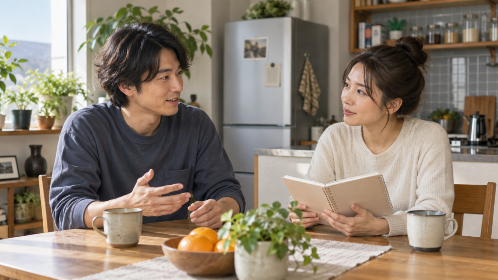 共有の家で同居人と生活上の希望を話す様子