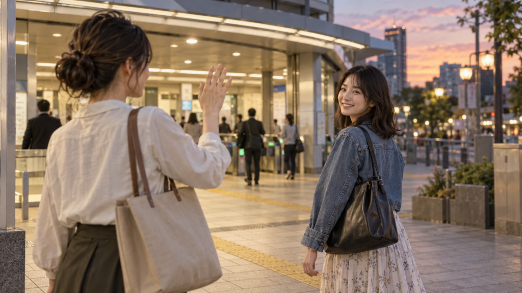 外で会った友達と駅前で別れる様子