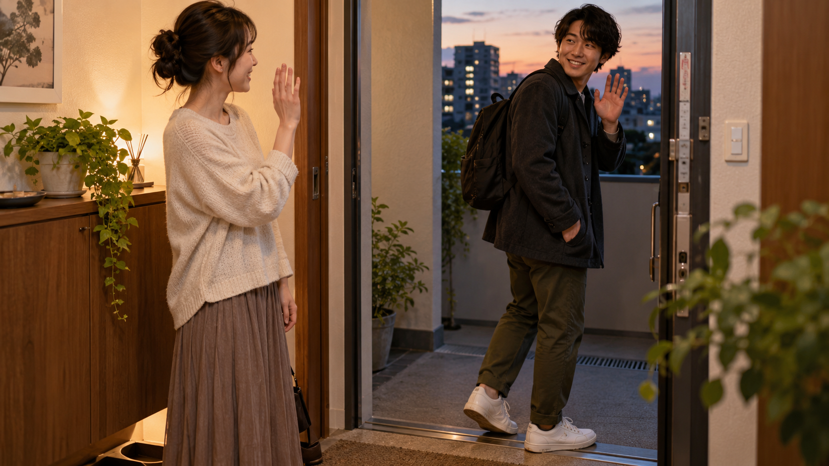 玄関で手を振って帰る友人と室内の友人