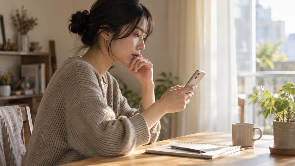 友達に送る言葉を考えるスマートフォン利用者