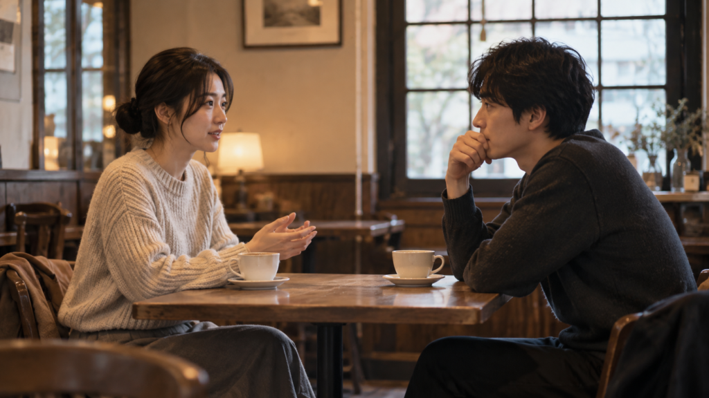 カフェで友達に落ち着いて希望を伝える人