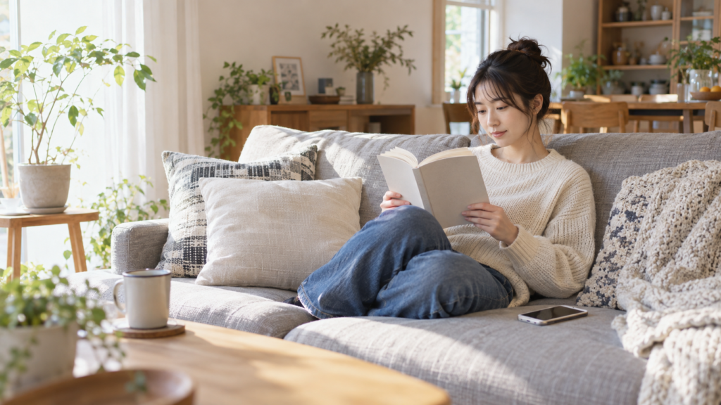 落ち着いて一人で読書を楽しむ人