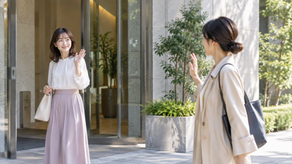 会話を終えて穏やかに別れる二人の友人