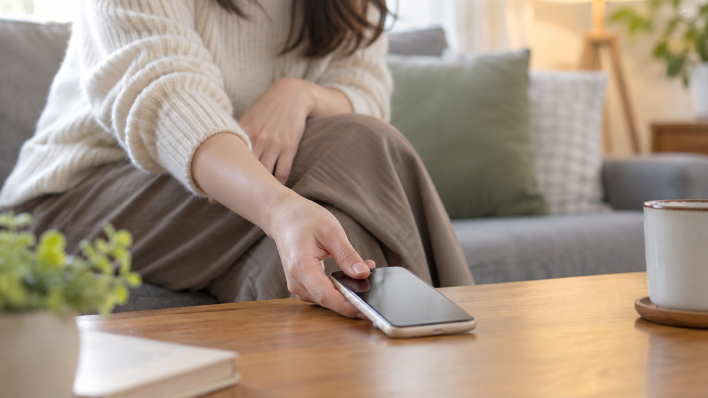 返信を終えてスマートフォンを置く手元