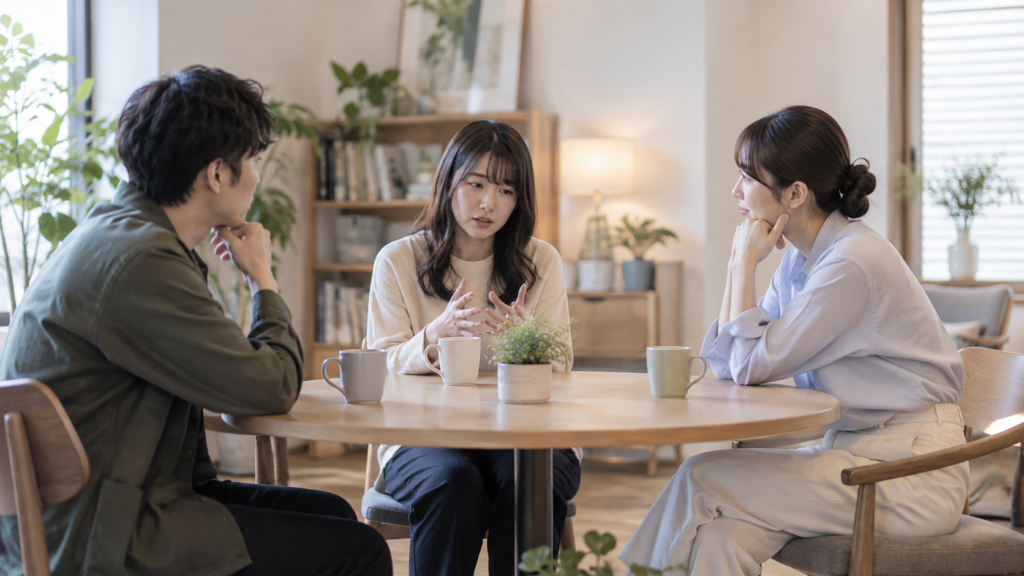 友人と支援する人が落ち着いて話を聞く相談の場面