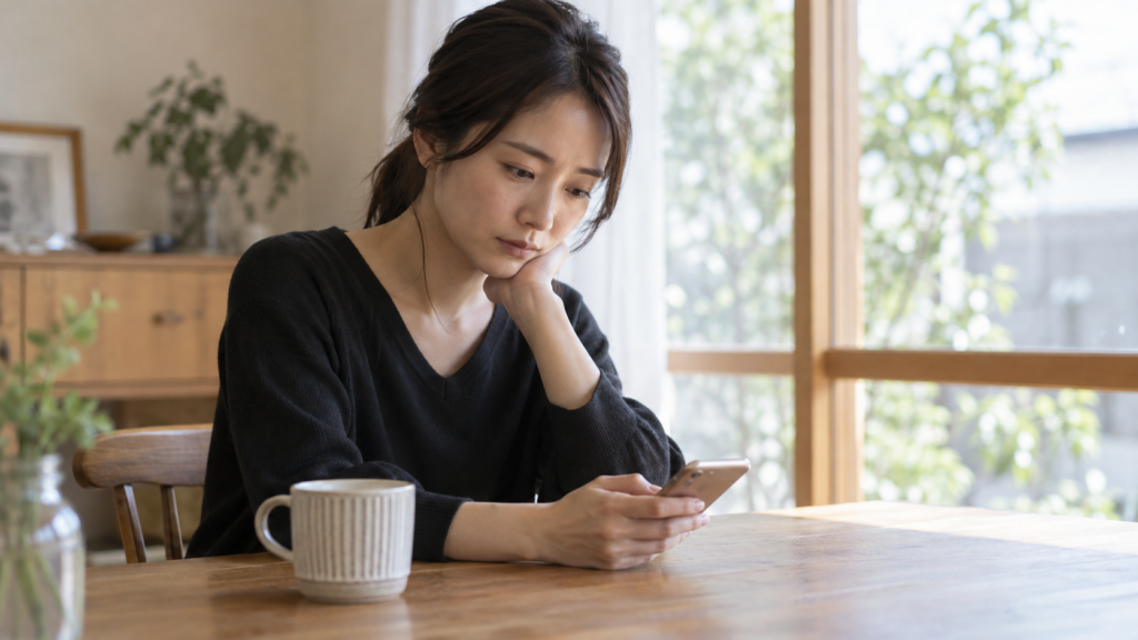 静かな窓辺でスマートフォンを見て返事を考える女性