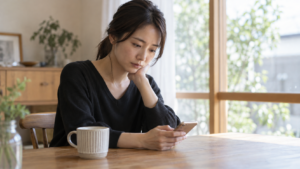 静かな窓辺でスマートフォンを見て返事を考える女性