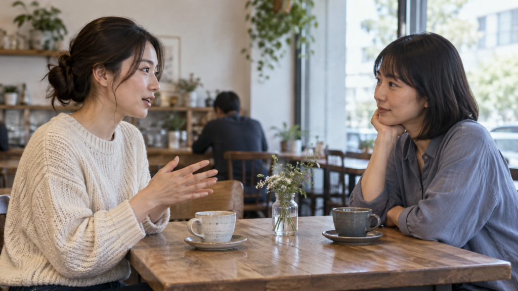 カフェで間隔をあけて静かに話す二人