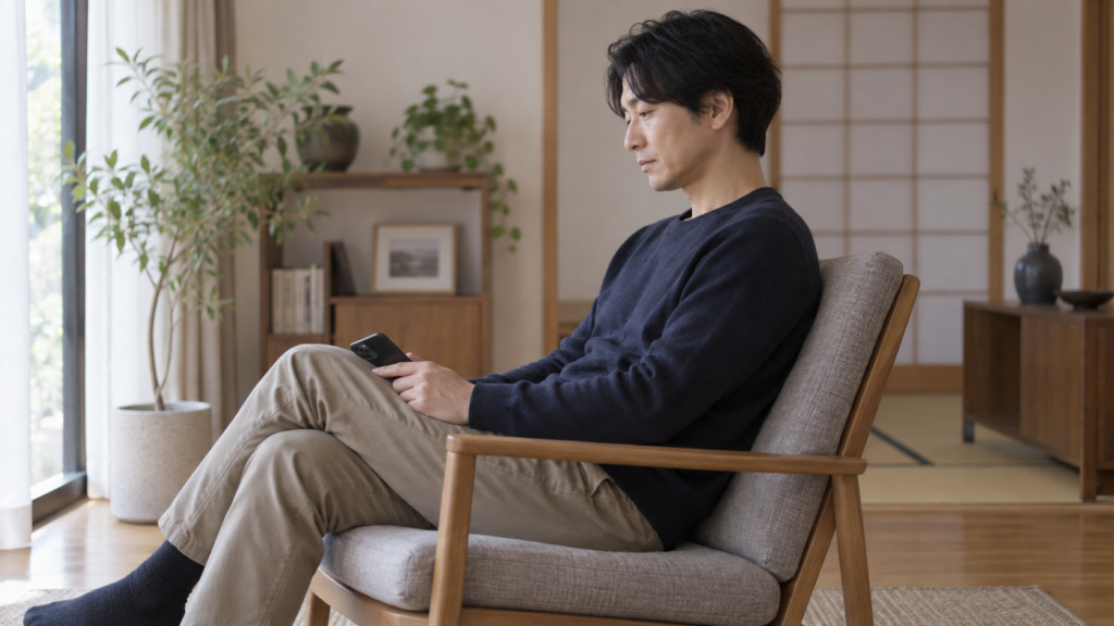 椅子に座り落ち着いて文面を確認する人