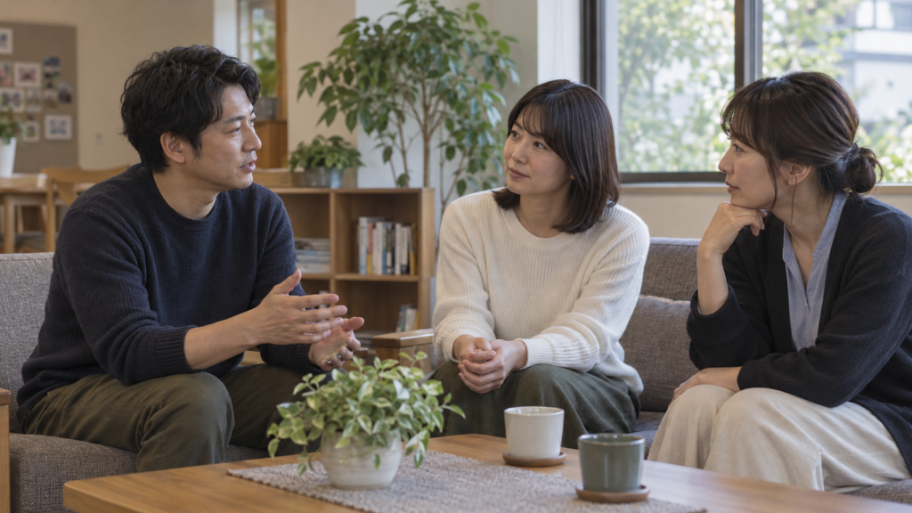小さな集まりで控えめな距離感を保つ友人たち