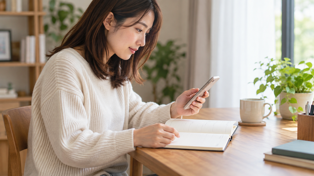 重なった予定を手帳で確認する人