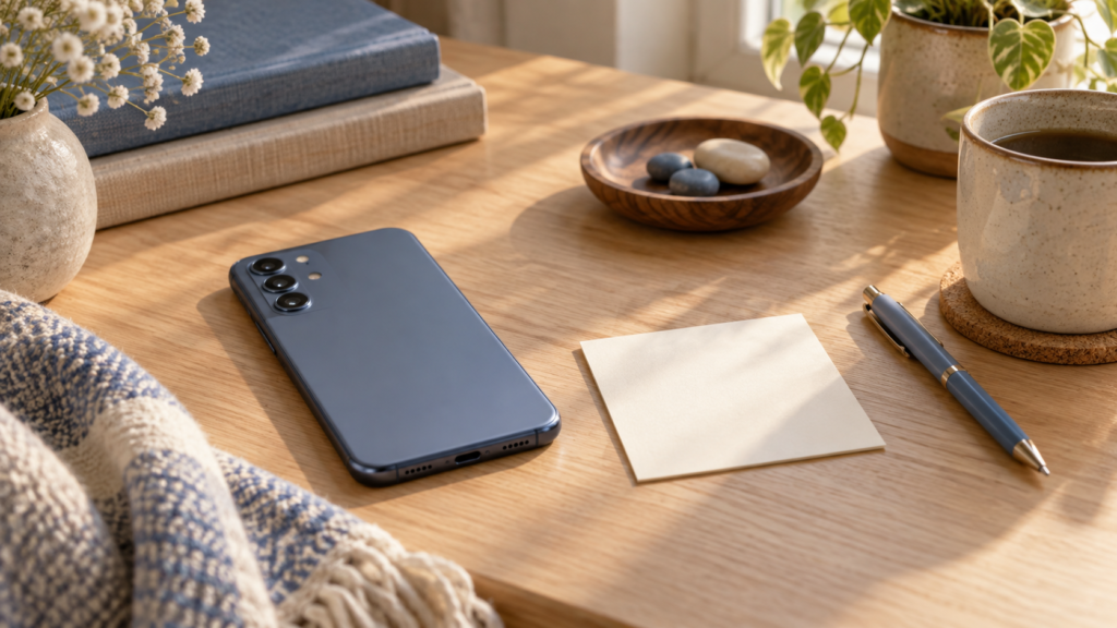 短い連絡を考えるスマートフォンと白紙のメモ