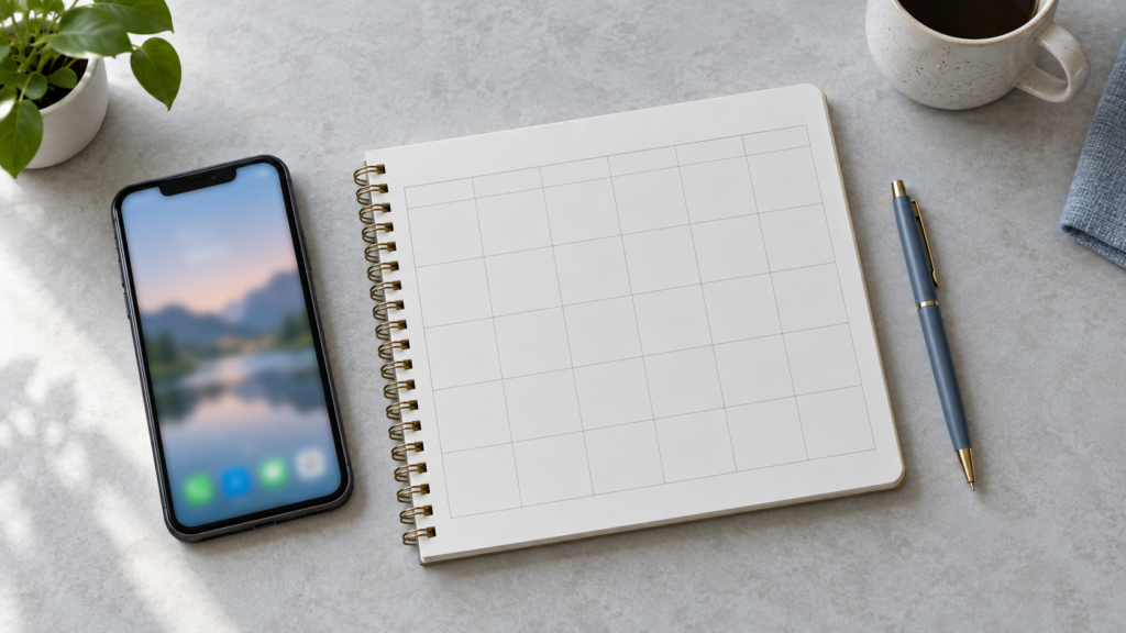 面会の条件と予定を確認するスマートフォンと無記入の予定表